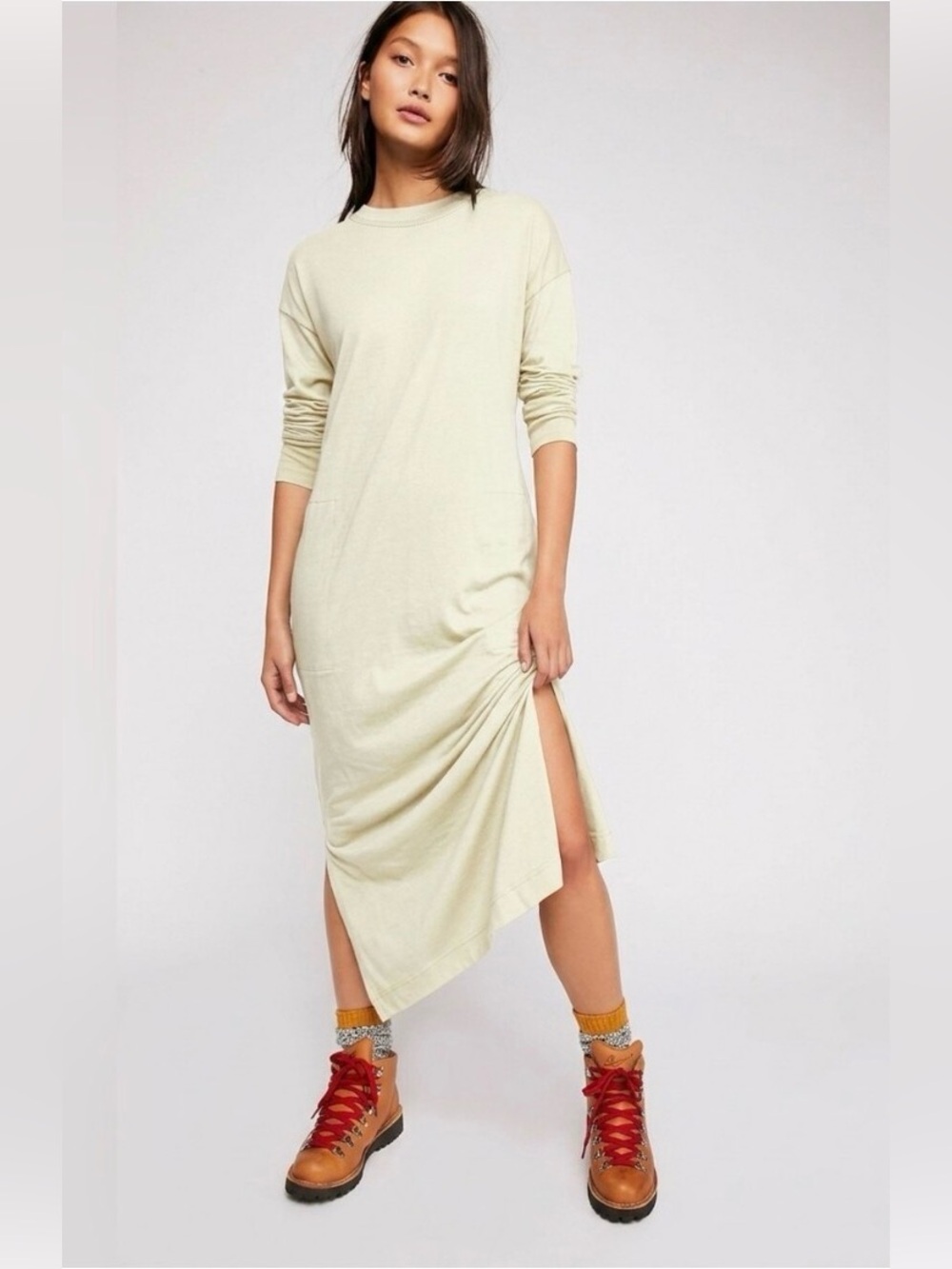 Free People FP Beach "Day Off" T-Shirt Midi Dress in the Pale/Light Yellow small